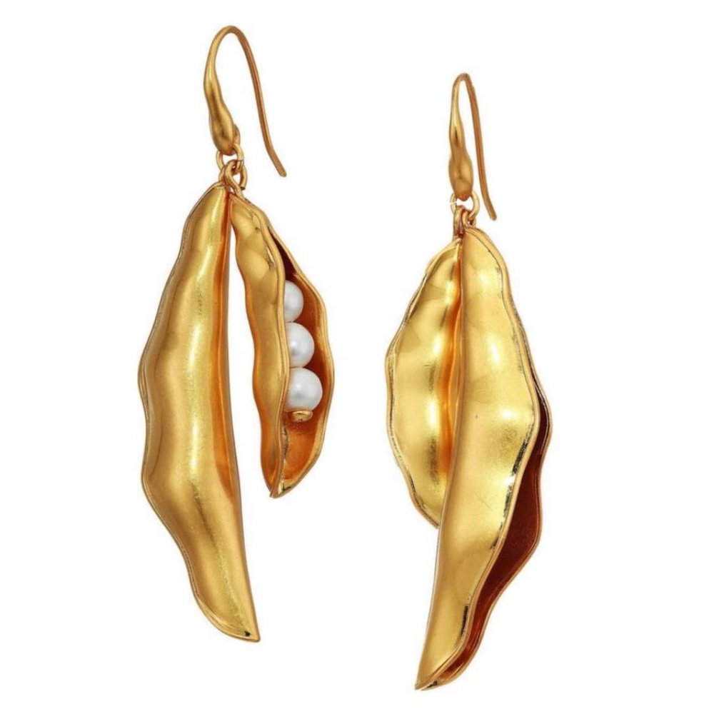 Tory Burch Gold Pea Pod Drop Earrings with White Pearl Accents